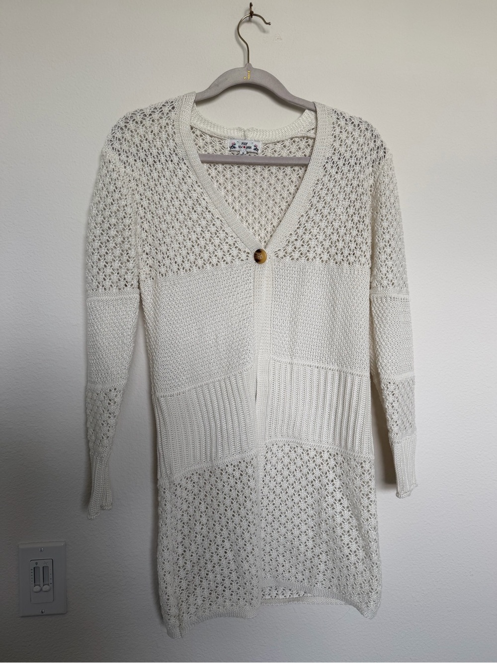 Poof New York Cream Open-Knit V-Neck Button Sweater
